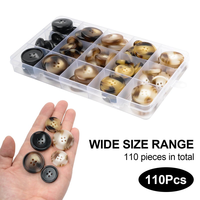 OELFFOW 110Pcs Mixed Sewing Buttons, 4-Hole Craft Round Blazer Buttons, 5 Color 3 Size (15mm, 20mm, 25mm) Suit Coats Resin Button, Suitable for Variety Clothing Sewing, DIY Craft (Coffee Color) - Image 4